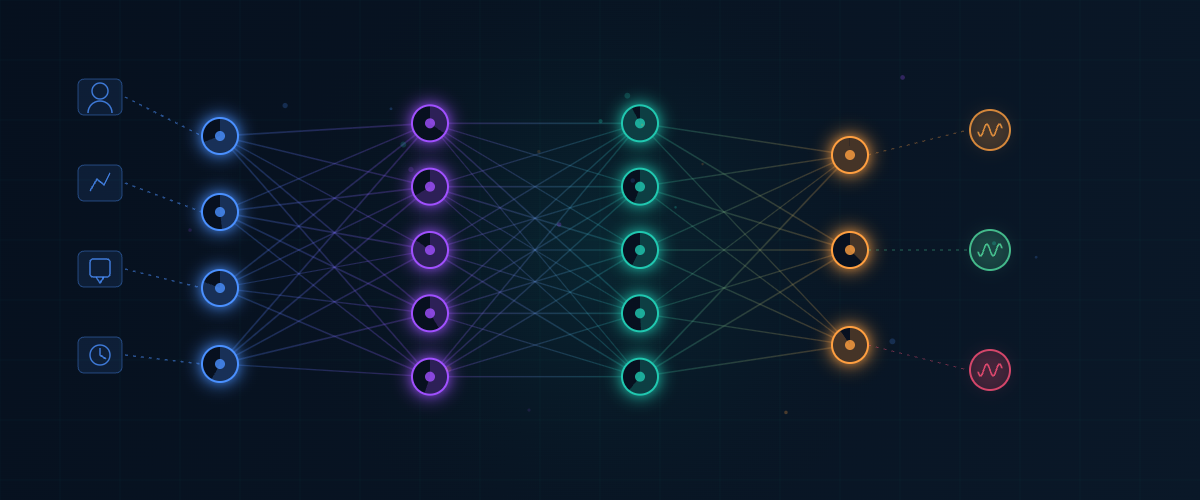 AI neural network diagram showing machine learning and vibe coding data flow for custom software development